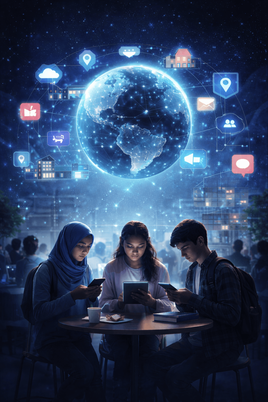 Banner escolar con iconos de redes sociales y señales de riesgo digital para ilustrar bloqueo de redes sociales en escuelas