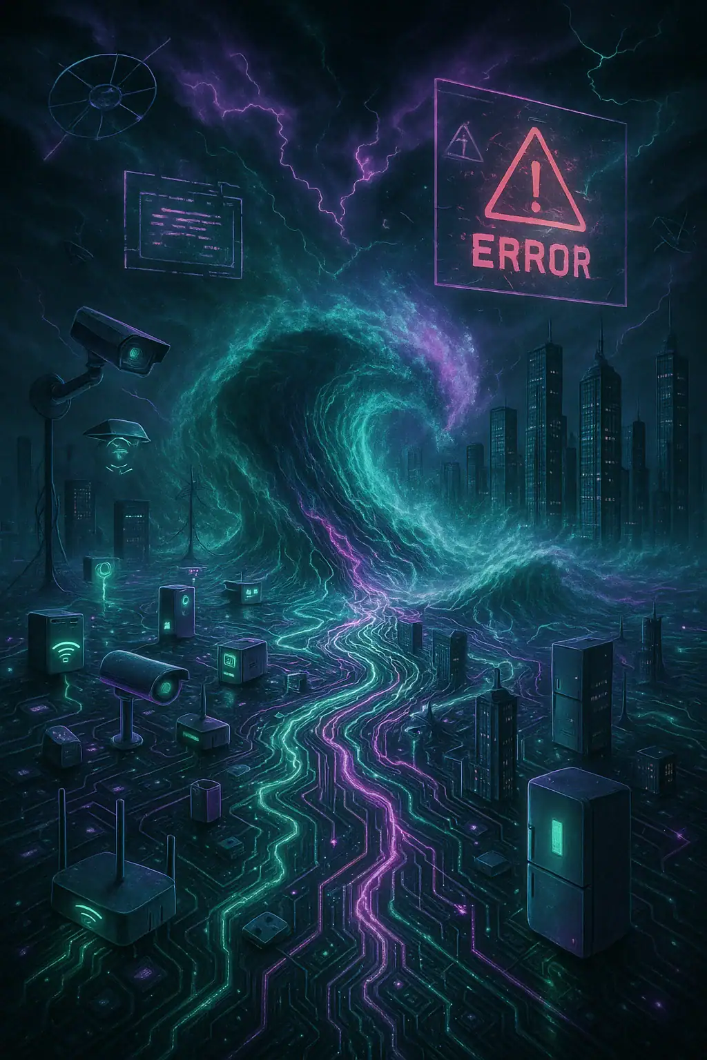 Surreal cyberpunk vision of IoT devices forming a glowing neural web across the planet, unleashing massive DDoS storms against global infrastructure under a neon sky.