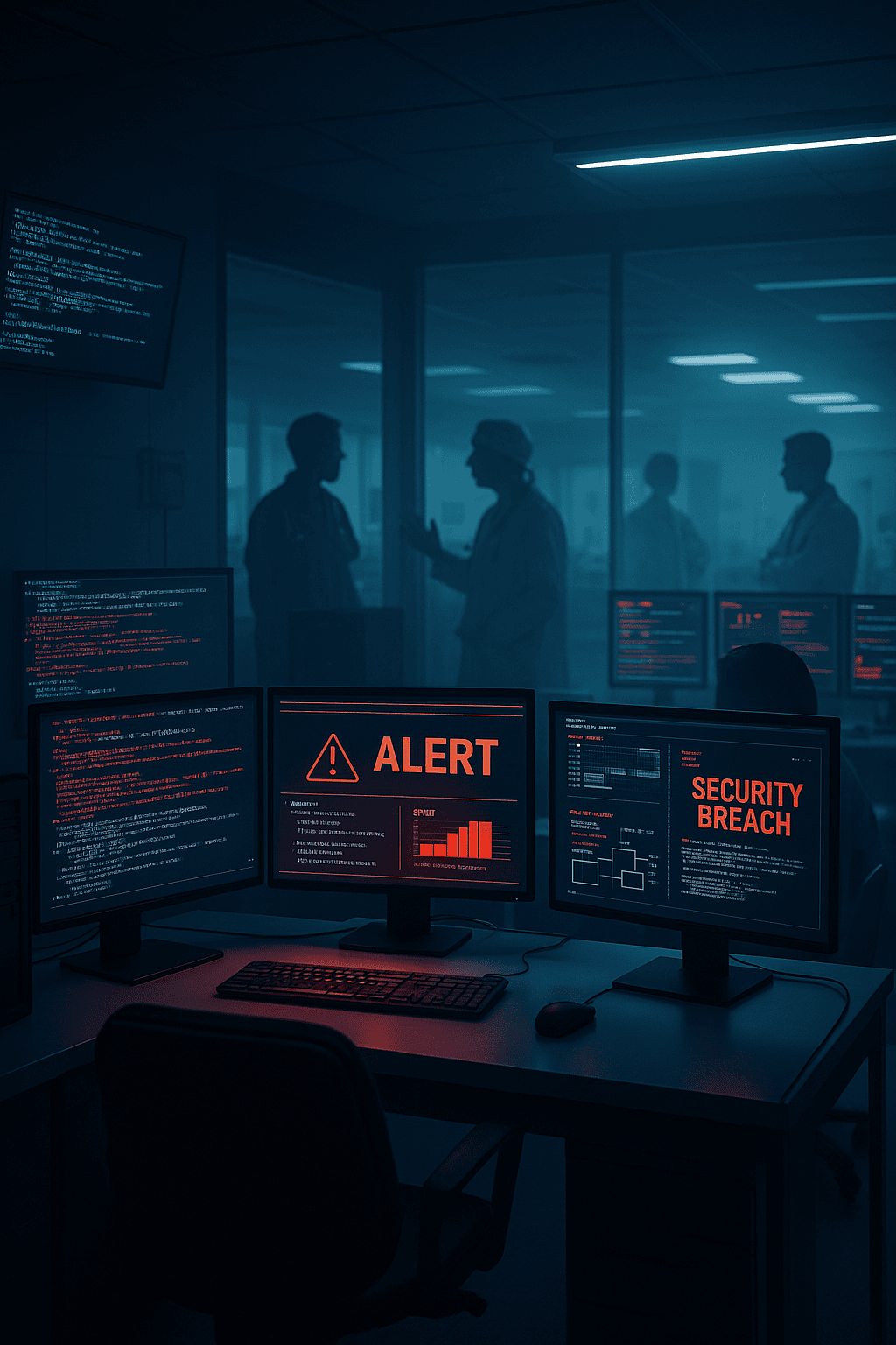 Sistemas de monitoreo de ciberseguridad en sala de operaciones SOC con alertas de brechas y amenazas.