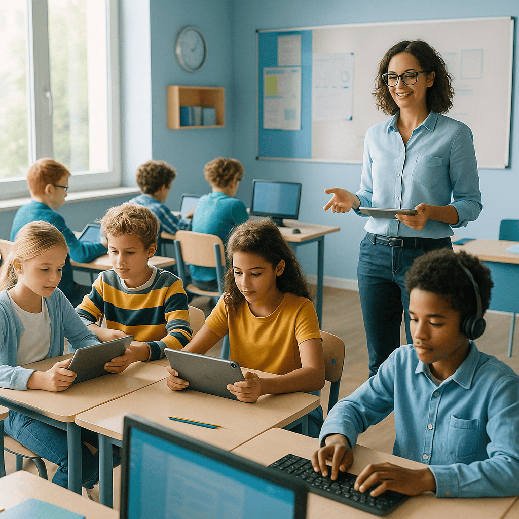 Video educativo de estudiantes K-12 en aula usando tablets y computadoras, representando seguridad digital y continuidad académica con Zero Trust.