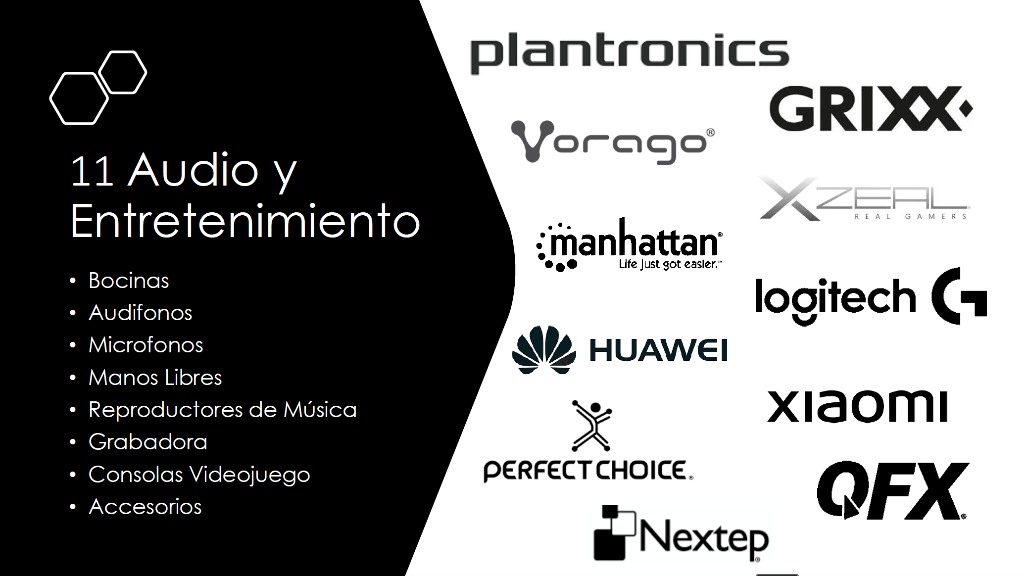 Marcas de audio y entretenimiento como Plantronics, Grixx, Vorago, XZeal, Manhattan, Logitech, Huawei, Xiaomi, Perfect Choice, QFX y Nextep junto con categorías: bocinas, audífonos, micrófonos, manos libres, reproductores de música y consolas.