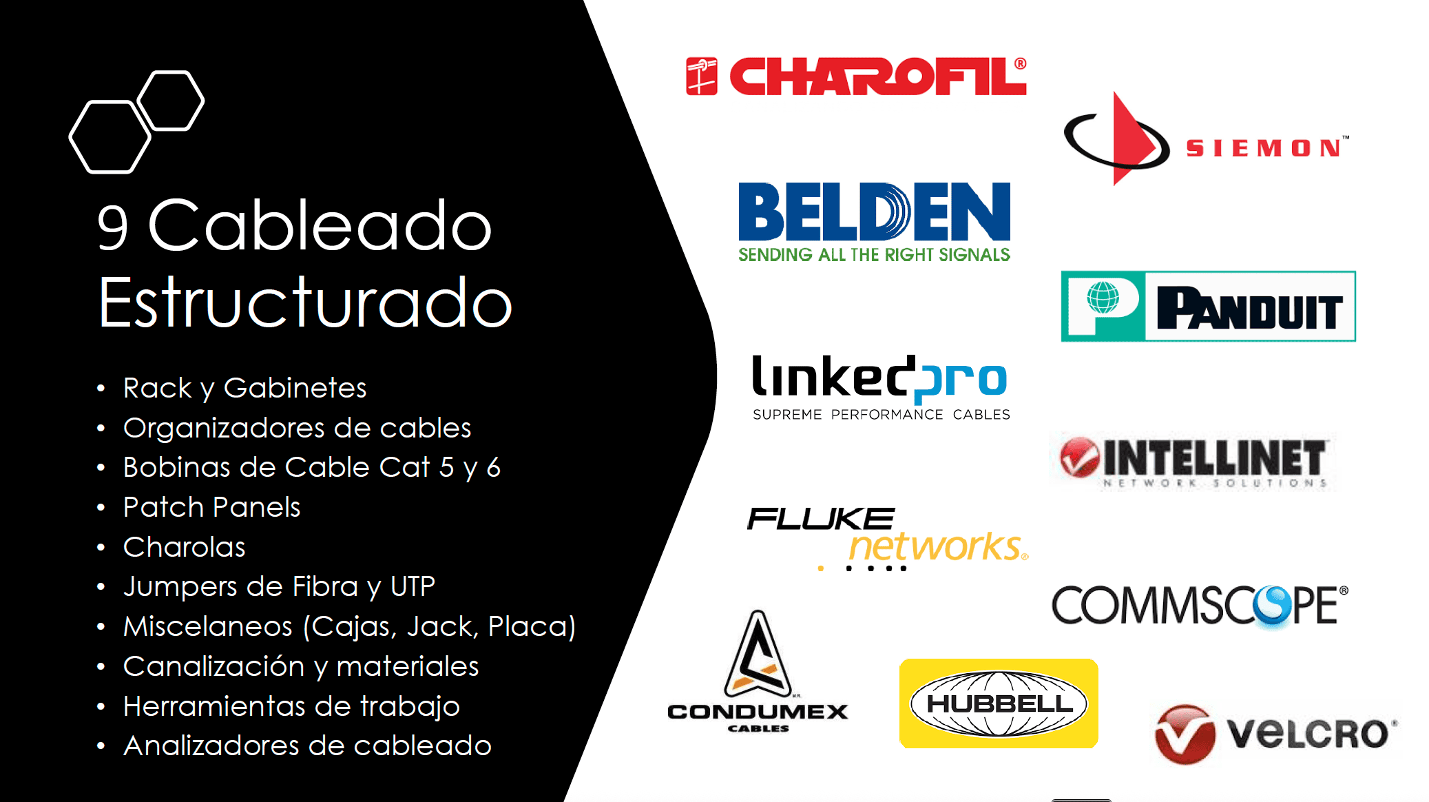 Marcas de cableado estructurado como Charofil, Siemon, Belden, Panduit, LinkedPro, Intellinet, Fluke Networks, Condumex, Hubbell, CommScope y Velcro junto con categorías: racks, gabinetes, cables Cat 5 y 6, patch panels, charolas, jumpers y herramientas de análisis.