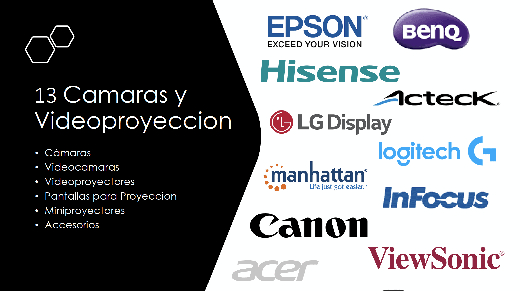 Marcas de cámaras y videoproyección como Epson, BenQ, Hisense, LG Display, Logitech, Manhattan, InFocus, Canon, Acer, ViewSonic y Acteck junto con categorías: cámaras, videograbadoras, videoproyectores, miniproyectores y pantallas de proyección.
