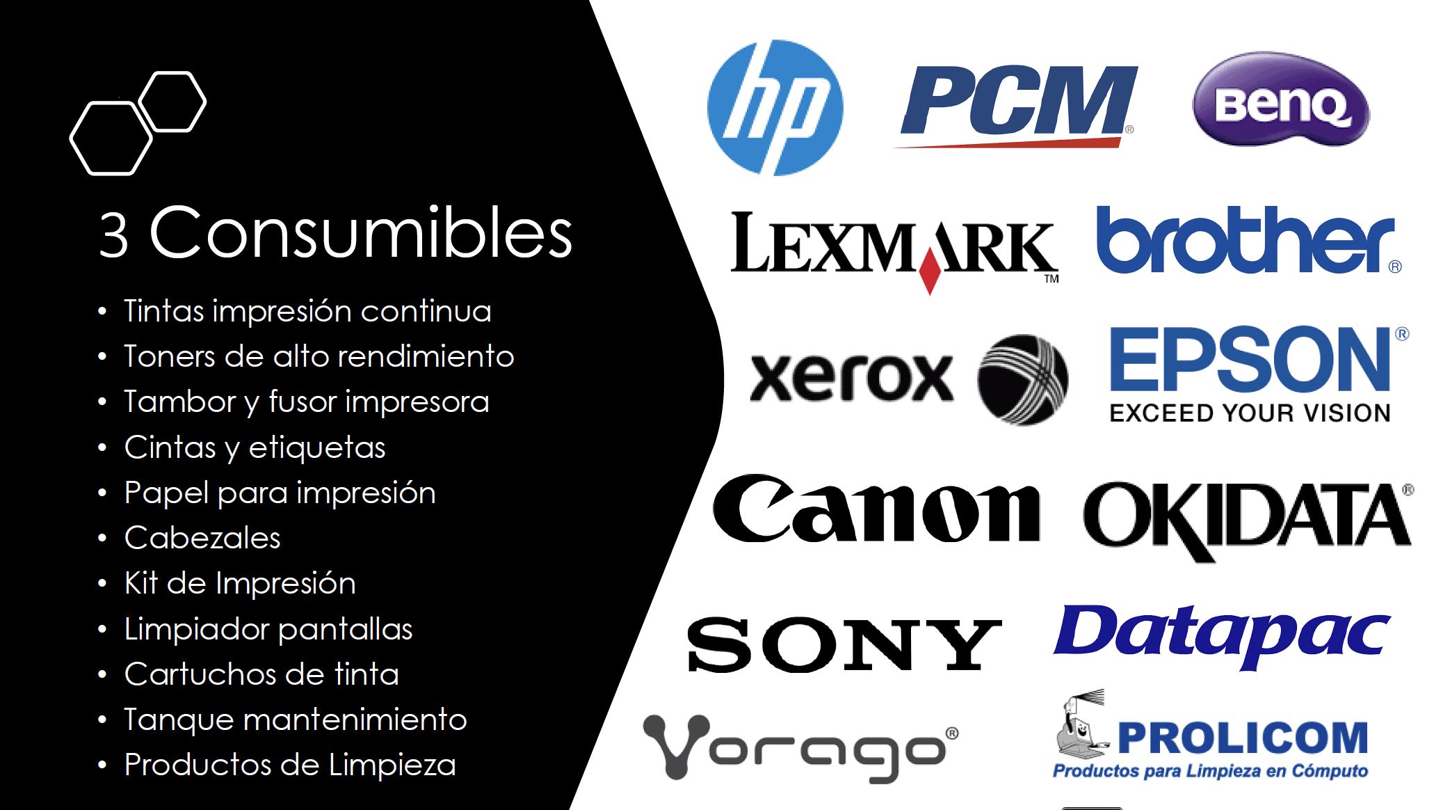 Marcas de consumibles como HP, Lexmark, Brother, Epson, Xerox, Canon, Sony, Okidata, Vorago, Datapac y Prolicom junto con categorías de tintas, tóners, fusores, papel, cabezales y kits de impresión.