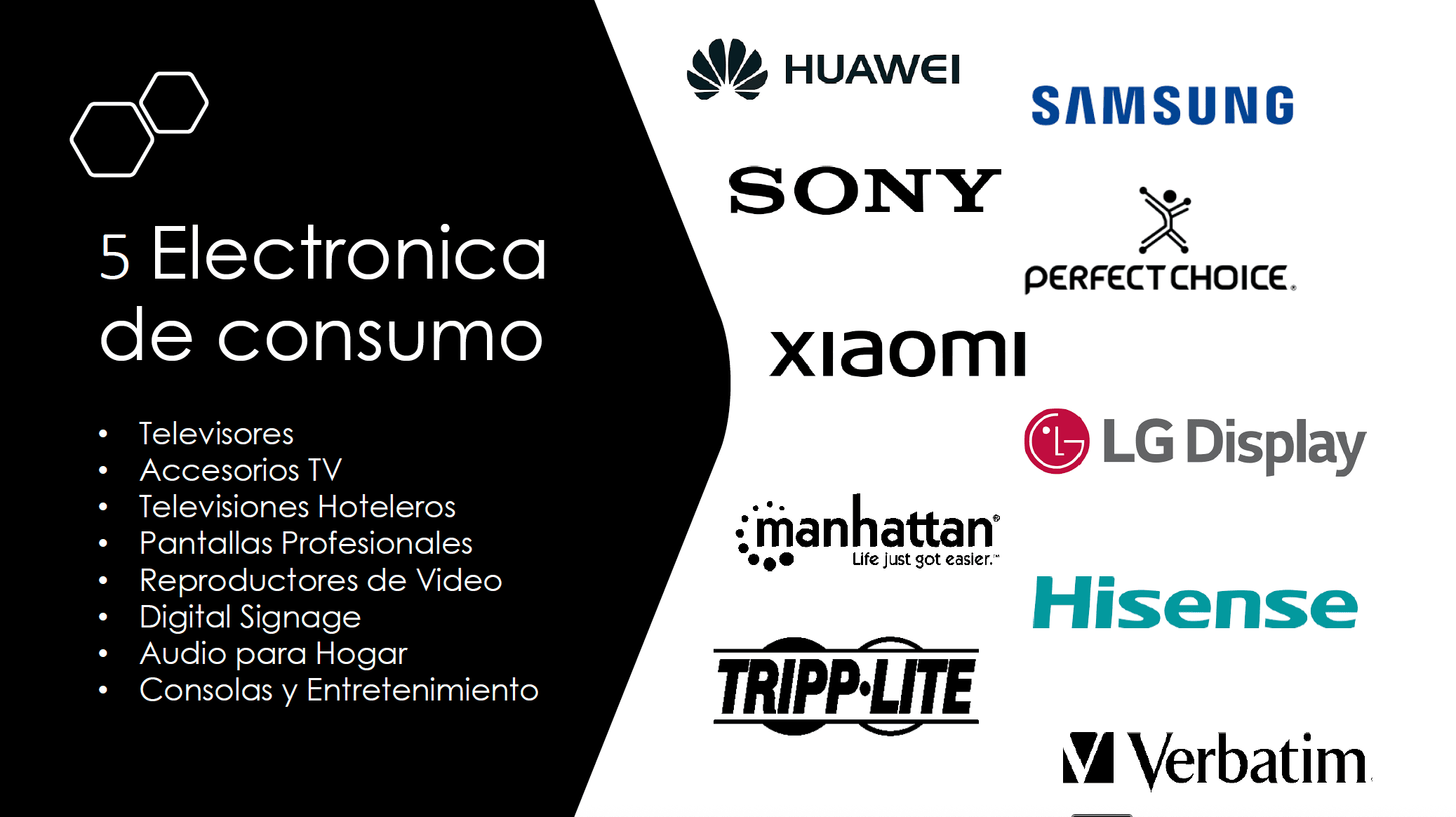 Marcas de electrónica de consumo como Huawei, Samsung, Sony, Xiaomi, LG Display, Manhattan, Tripp Lite, Hisense, Perfect Choice y Verbatim, junto con categorías de televisores, pantallas profesionales, audio y consolas.