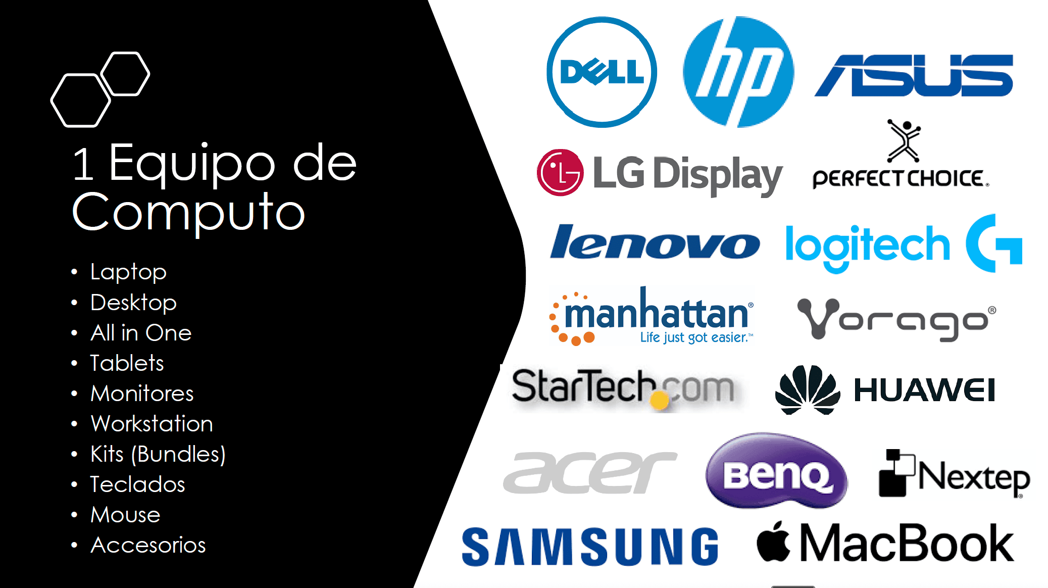 Marcas de equipo de cómputo como Dell, HP, Asus, Lenovo, LG, Logitech, Samsung, Huawei y más, con lista de categorías: laptops, desktops, monitores, workstations y accesorios.