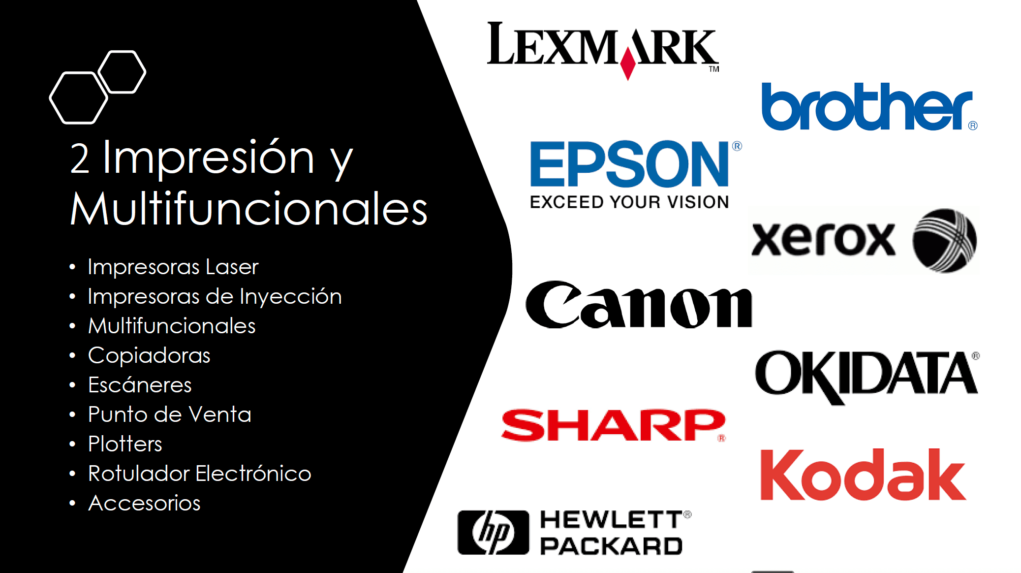 Marcas de impresión y multifuncionales como Lexmark, Epson, Brother, Canon, Xerox, Sharp, HP, Kodak y Okidata junto con categorías: impresoras láser, inyección, escáneres, copiadoras y plotters.