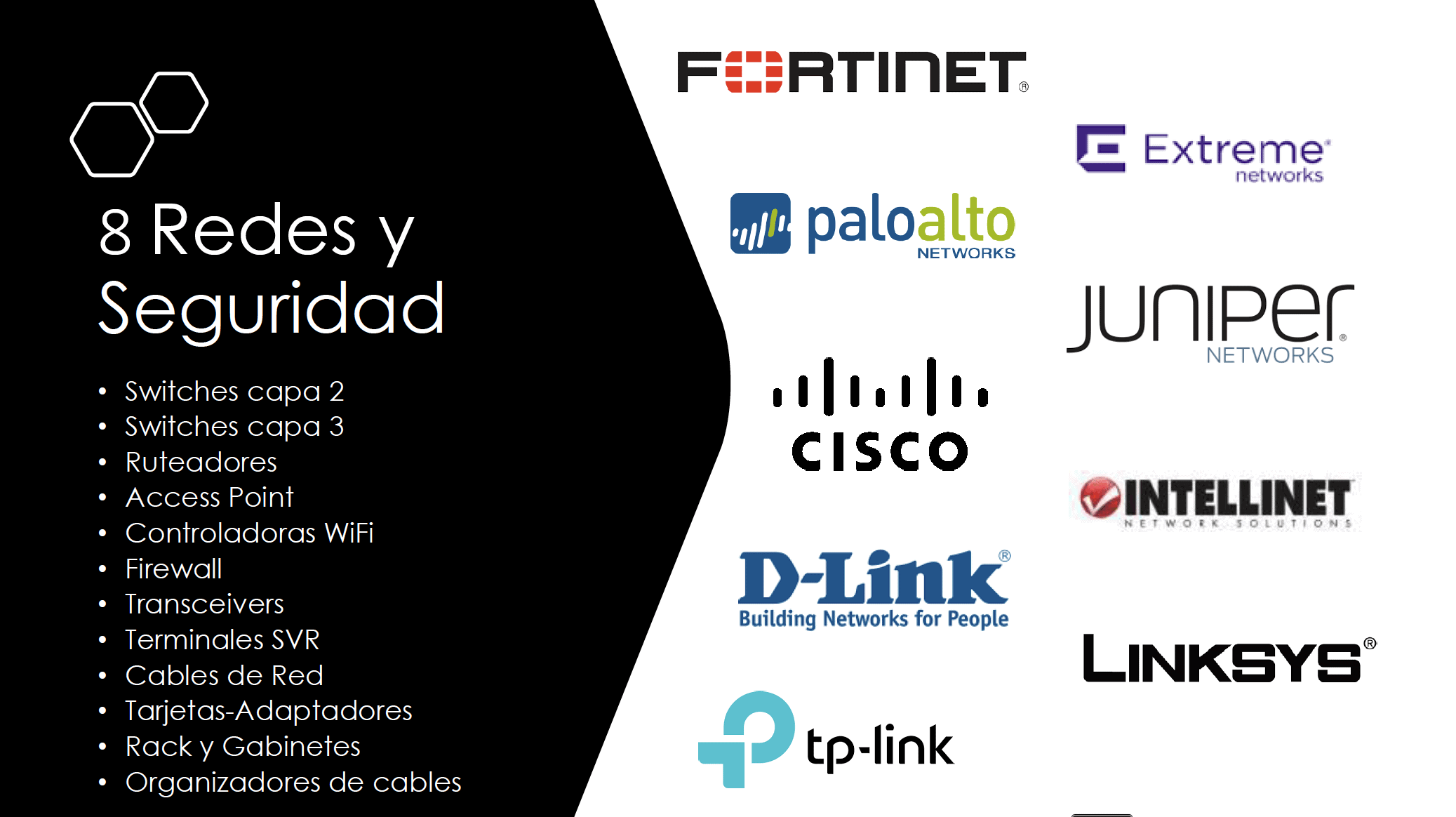 Marcas de redes y seguridad como Fortinet, Palo Alto Networks, Cisco, Extreme Networks, Juniper, Intellinet, D-Link, Linksys y TP-Link junto con categorías: switches capa 2 y 3, ruteadores, access points, firewalls, transceivers y racks.