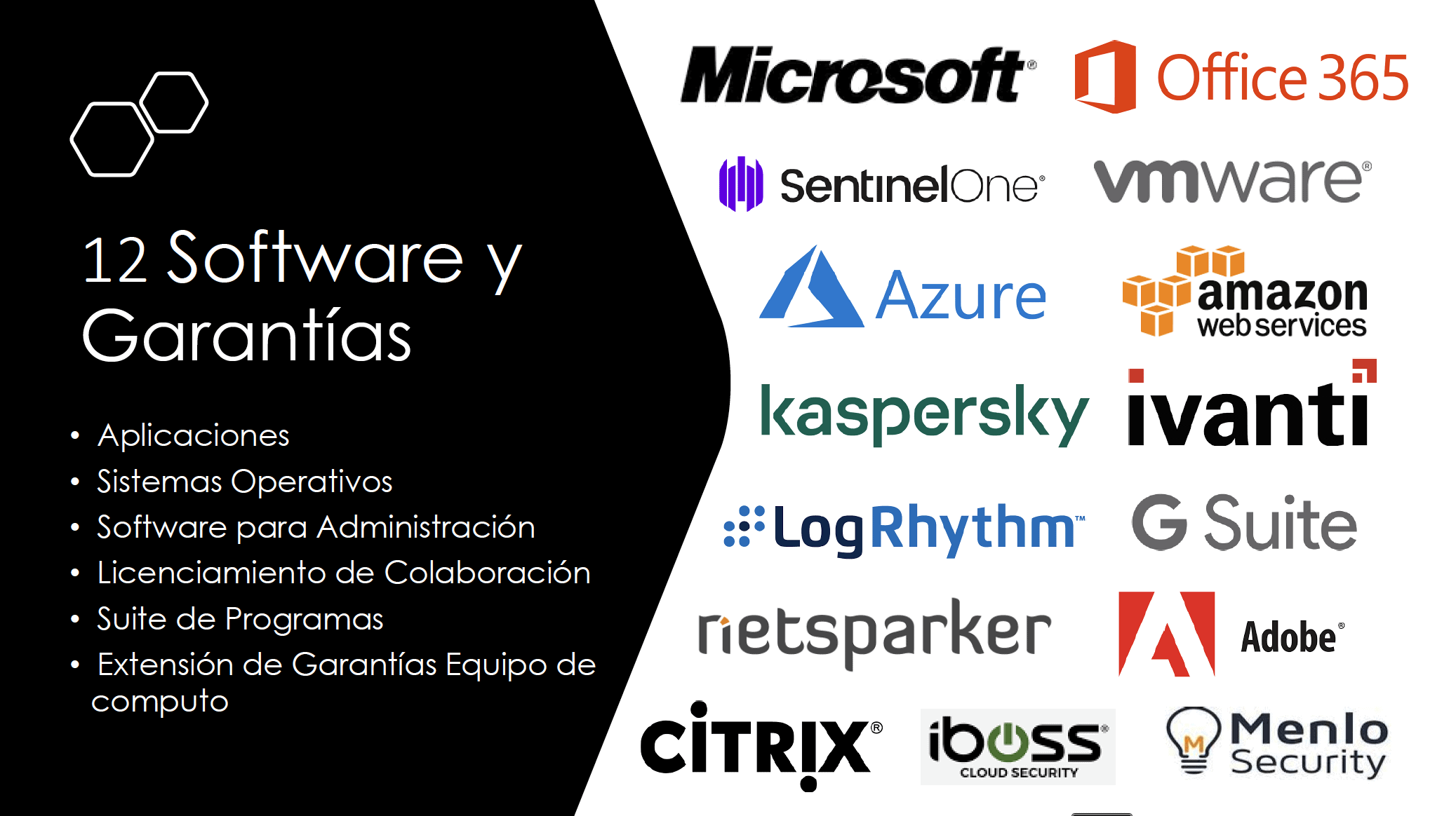 Marcas de software empresarial y seguridad como Microsoft, Office 365, SentinelOne, VMware, Azure, AWS, Kaspersky, Ivanti, LogRhythm, Netsparker, Adobe, Citrix, G Suite, iboss y Menlo Security junto con categorías de aplicaciones, sistemas operativos, administración y licenciamiento.