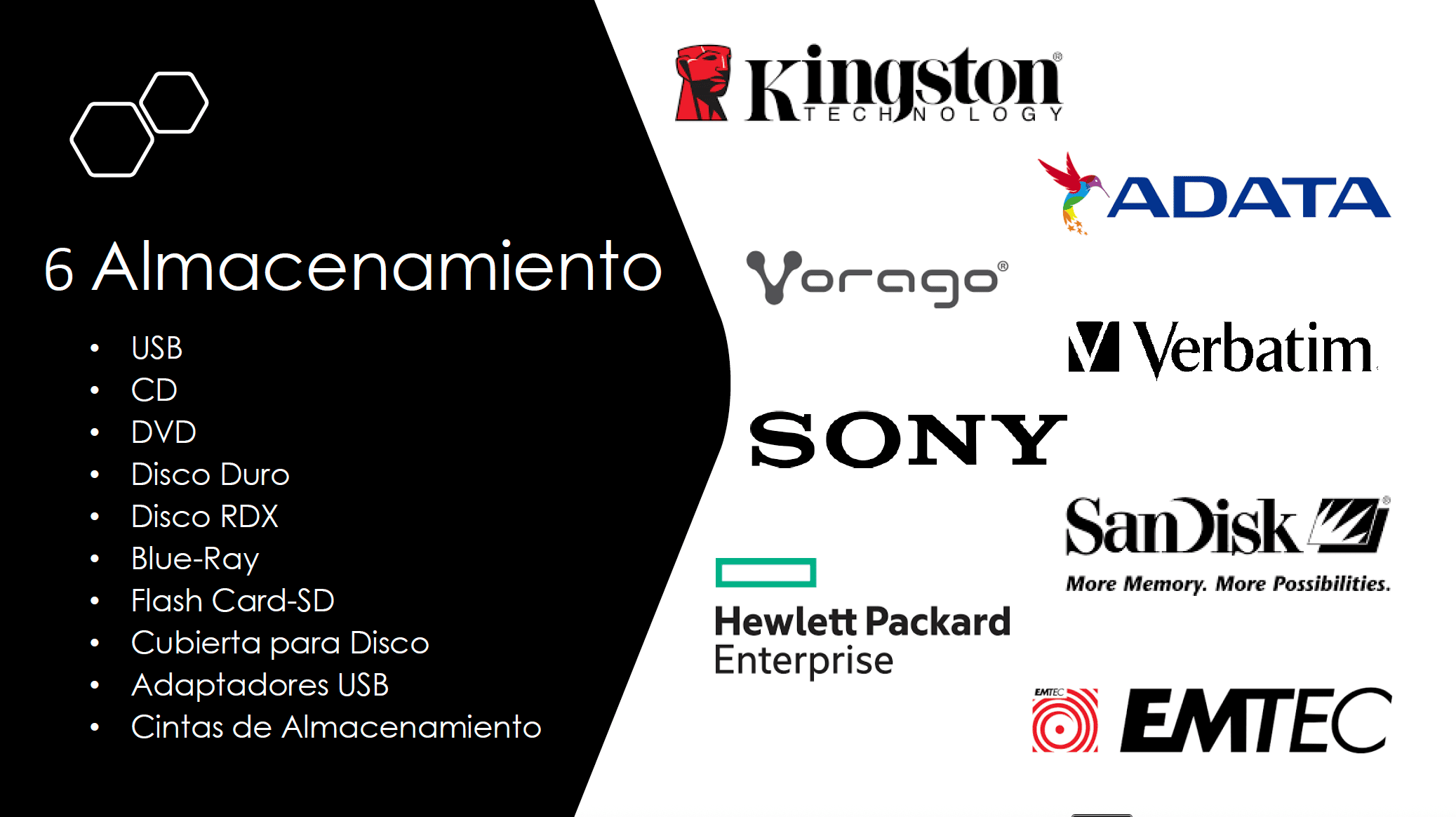 Marcas de almacenamiento como Kingston, Adata, Vorago, Verbatim, Sony, SanDisk, Hewlett Packard Enterprise y Emtec junto con categorías: USB, discos duros, RDX, DVD, Blue-Ray, tarjetas SD y cintas de almacenamiento.