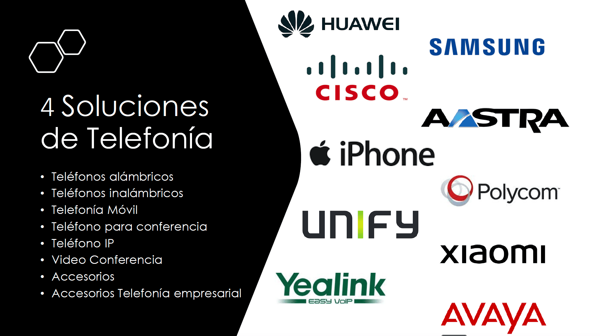 Marcas de telefonía y comunicaciones como Huawei, Cisco, Samsung, iPhone, Polycom, Avaya, Unify, Yealink, Aastra y Xiaomi, junto con categorías de teléfonos alámbricos, inalámbricos, móviles, IP y videoconferencia.