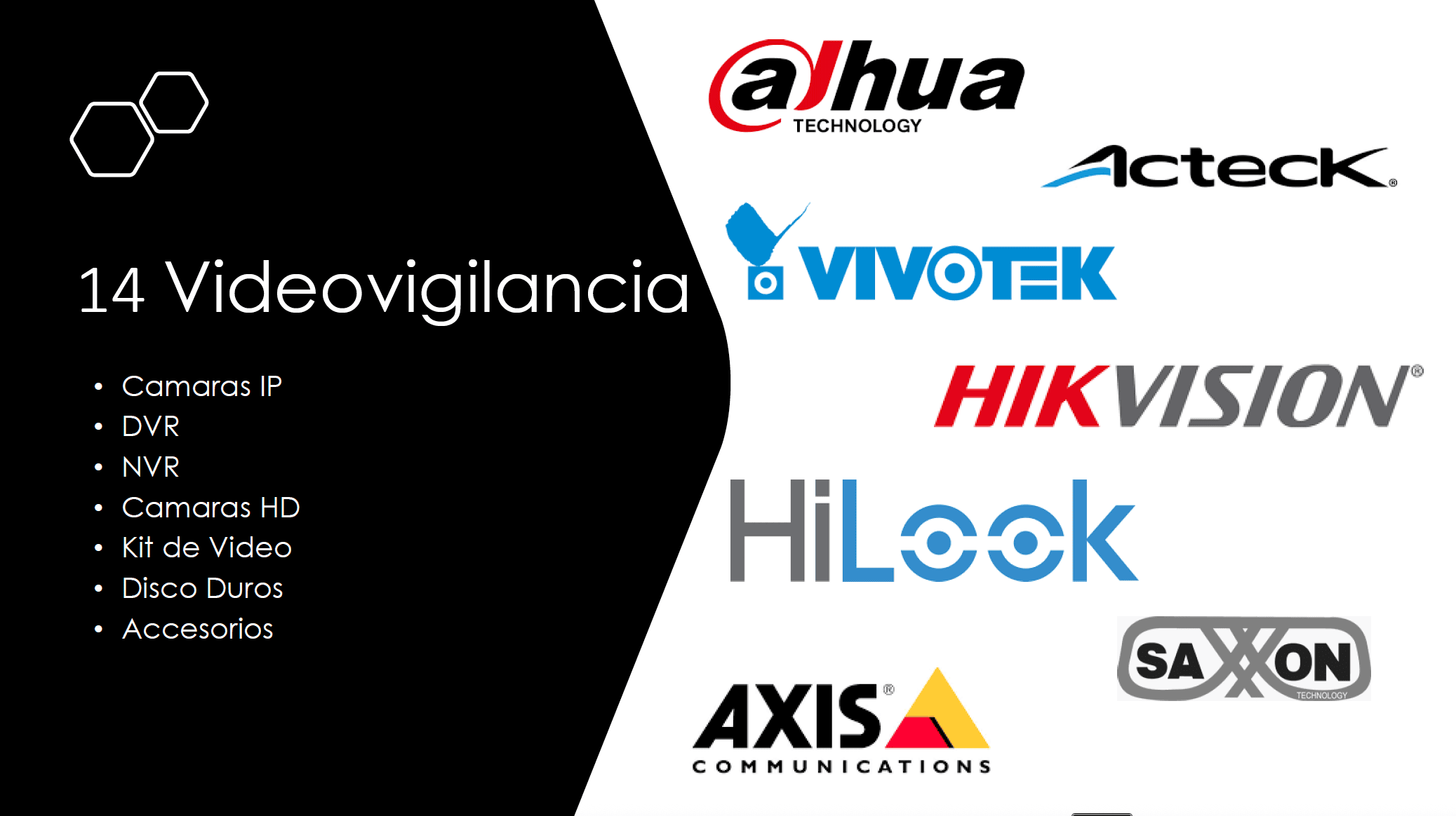 Marcas de videovigilancia como Dahua, Acteck, Vivotek, Hikvision, HiLook, Axis Communications y Saxxon junto con categorías: cámaras IP, DVR, NVR, cámaras HD, kits de video, discos duros y accesorios.