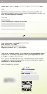 Ejemplo de correo electrónico empresarial legítimo utilizado en ataques de ingeniería social y fraude por email