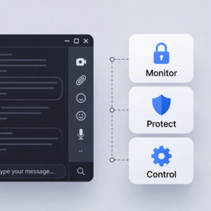 Ilustración técnica de conversación con GenAI inspeccionada por DLP y políticas, con generación de incidentes e integración a SIEM.