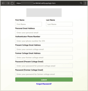 Formulario fraudulento utilizado para capturar credenciales y datos personales mediante phishing por correo electrónico