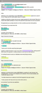 Ejemplo de correo electrónico con conversación empresarial real utilizado para fraude y solicitud de pago