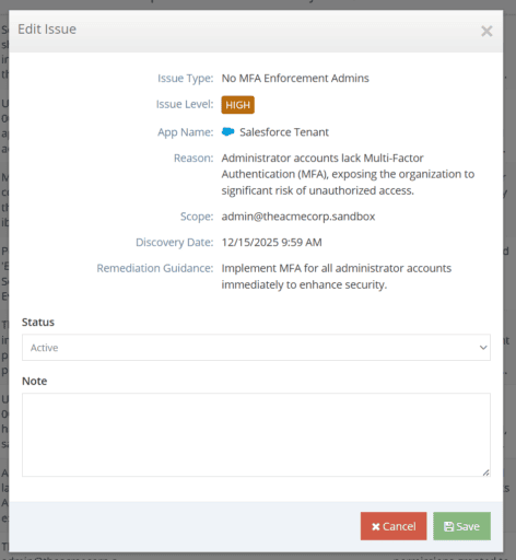 Pantalla de iboss SSPM “Edit Issue” mostrando un hallazgo por falta de MFA en cuentas administradoras, con alcance, fecha de detección y guía de remediación