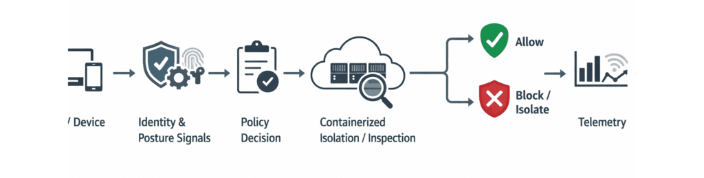Diagrama de flujo Zero Trust en iboss: señales de identidad y postura, decisión de política, aislamiento/inspección en contenedores, permitir o bloquear, y telemetría