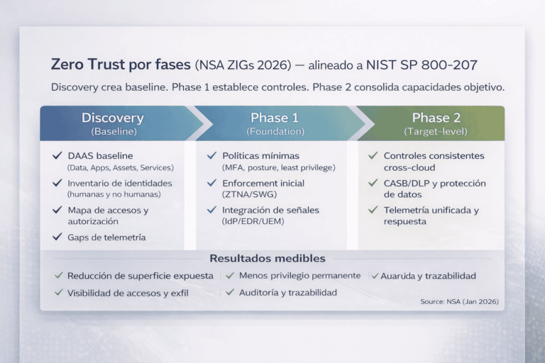 Infografía técnica: roadmap de Zero Trust por fases (Discovery, Phase 1 y Phase 2) según NSA ZIGs 2026, alineado a NIST SP 800-207