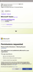 Ejemplo de correo de invitación a reunión utilizado para solicitar permisos y acceso no verificado
