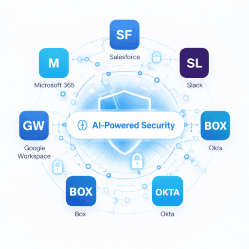 AI-Powered Security protegiendo aplicaciones SaaS conectadas (Microsoft 365, Salesforce, Slack, Google Workspace, Box y Okta) mediante SSPM