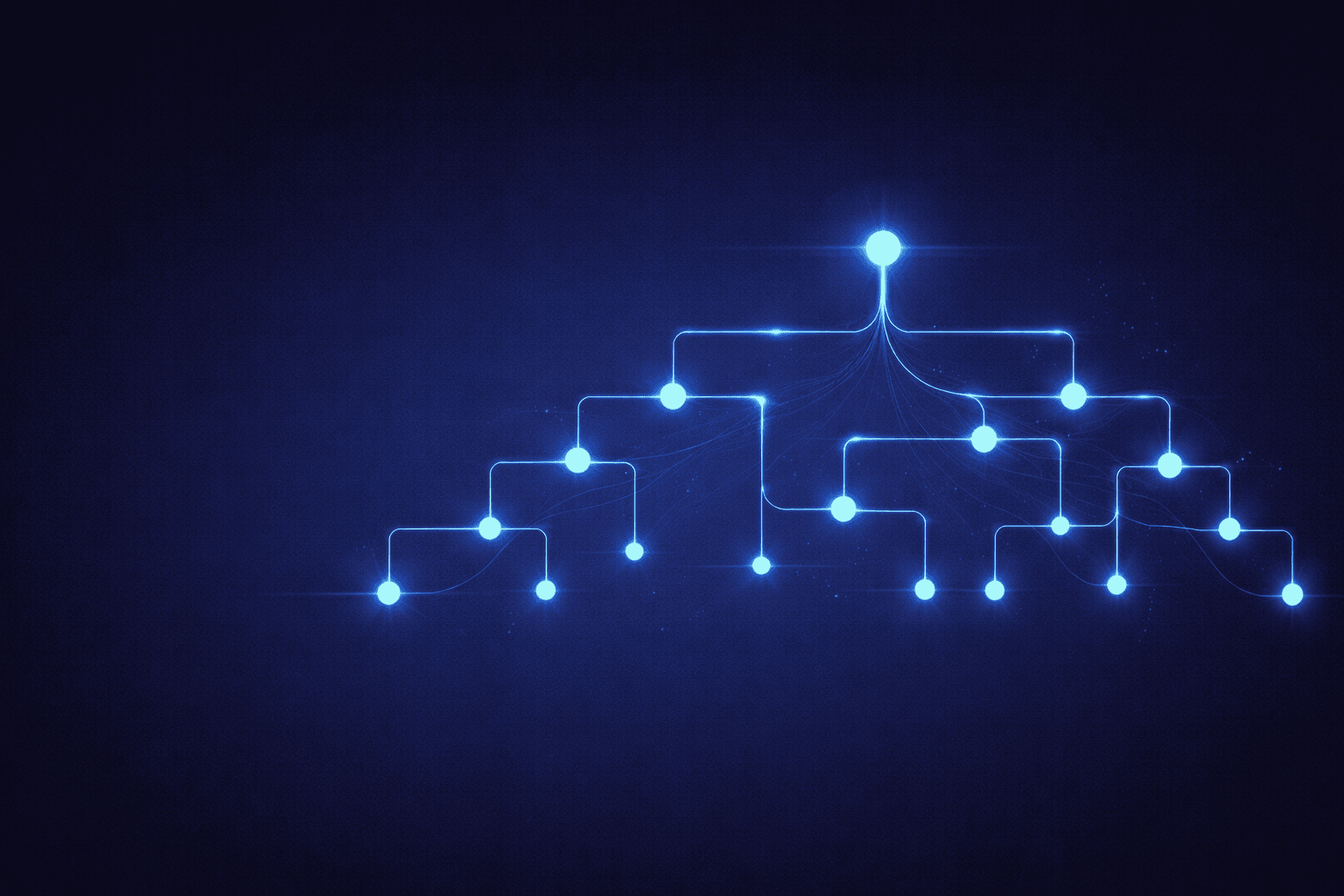 Visual abstracto de árbol de decisión con nodos y rutas luminosas en azul sobre fondo azul marino; metáfora de priorización y respuesta en operación MSSP 24/7.