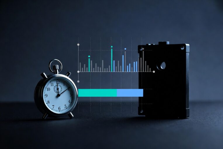 RTO y RPO representados con cronómetro y líneas de tiempo abstractas para continuidad de negocio.