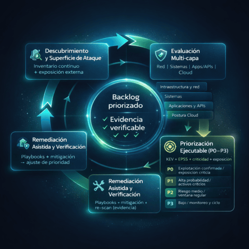 Diagrama circular de gestión de vulnerabilidades en 5 pasos: descubrimiento, evaluación multicapa, priorización P0–P3, remediación verificable y alertas proactivas