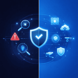 Imagen comparativa en pantalla dividida: detección puntual a la izquierda y seguridad por capas a la derecha, en tonos azul marino y azul brillante, concepto de operación MSSP.