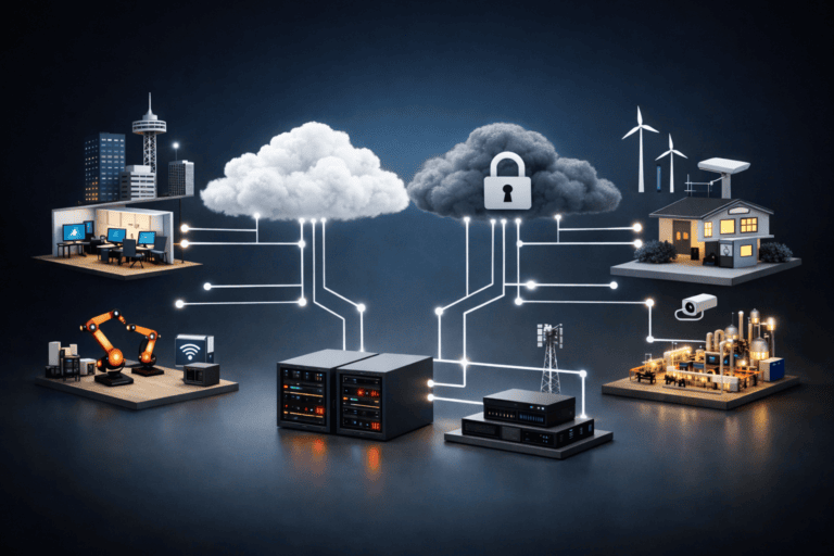 Diagrama de infraestructura empresarial moderna conectando nube pública y privada, data center on-premise, sucursales remotas, edge e IoT/OT; muestra cómo se expande la superficie de ataque y por qué el perímetro tradicional deja de ser efectivo.