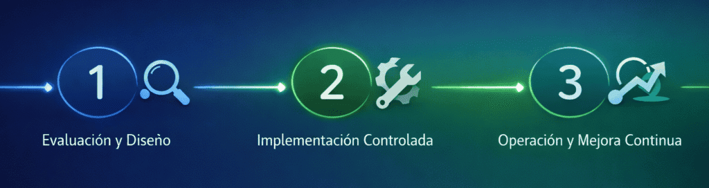 Banner panorámico con diagrama de tres fases: Evaluación y Diseño, Implementación Controlada y Operación y Mejora Continua, conectadas de izquierda a derecha para representar la metodología de seguridad gestionada.