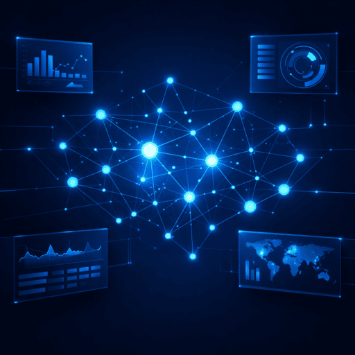 Dashboard abstracto de SOC 24/7 con nodos y conexiones azules para monitoreo MSSP de ciberseguridad.