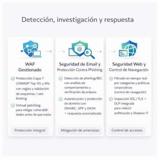 Diagrama 1:1 con tres bloques de ciberseguridad: WAF gestionado para Capa 7 y APIs con virtual patching, seguridad de email contra phishing/BEC con DMARC/SPF/DKIM, y seguridad web con filtrado de navegación e inspección SSL/TLS con DLP.