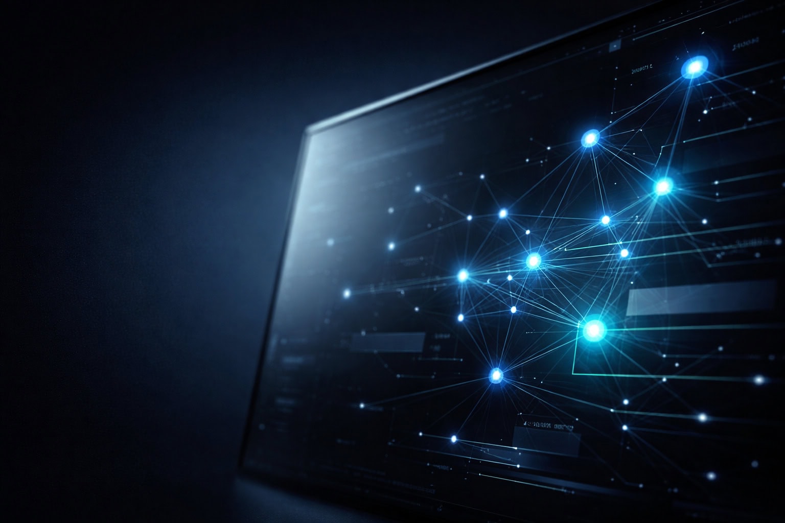 Interfaz de seguridad en modo oscuro con grafo abstracto de identidades y permisos, representando arquitectura Azure Cloud segura en QMA