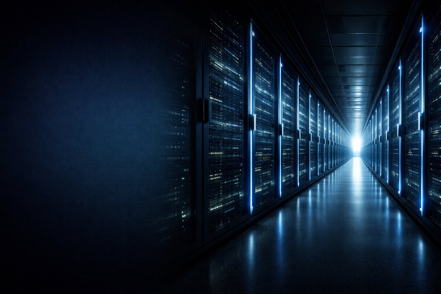 Pasillo de centro de datos con racks de servidores y operación segura para servicios cloud empresariales.