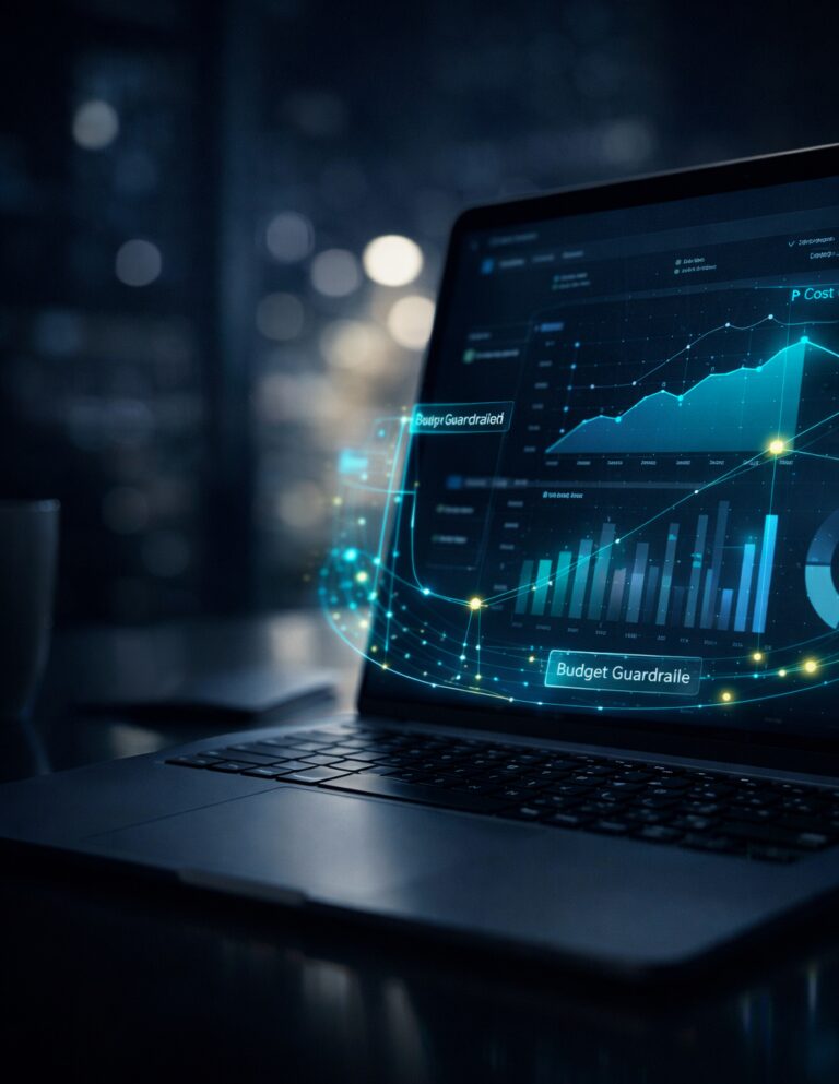 Laptop con dashboard financiero en modo oscuro mostrando tendencias de costo y control presupuestal en nube, con visualización de guardrails y detección de anomalías.