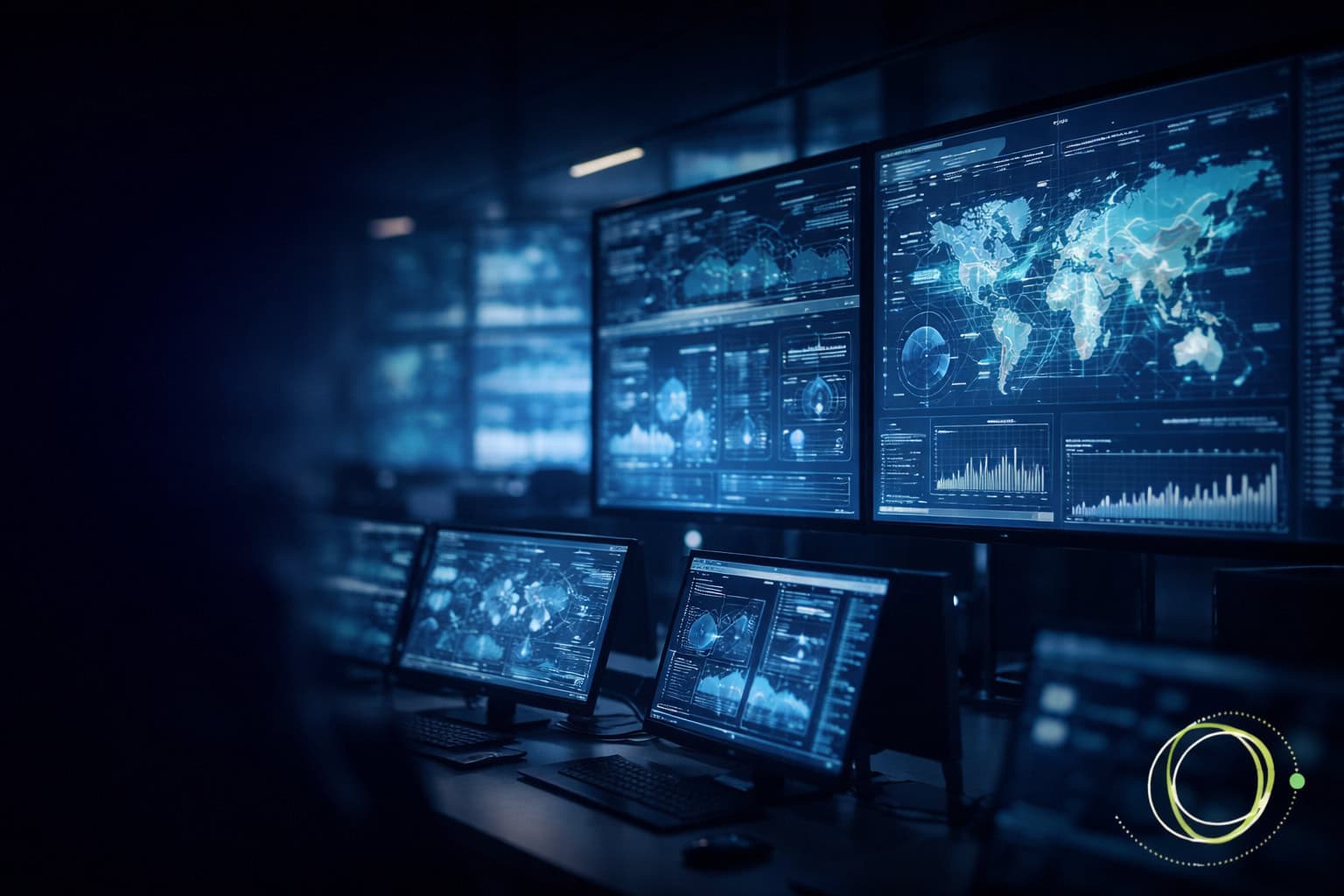 Centro de Operaciones de Red (NOC) nocturno con pantallas de monitoreo de infraestructura desenfocadas, observabilidad y operación 24/7 en tonos navy y azul