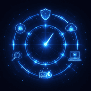Visualización abstracta de monitoreo continuo 24/7 que representa un MSSP con SOC gestionado y protección de ciberseguridad empresarial.