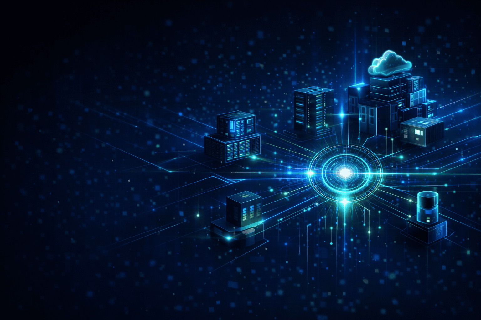 Banner hero con espacio oscuro a la izquierda y bloques abstractos de infraestructura híbrida a la derecha conectados por telemetría hacia un núcleo de políticas; representa seguridad de redes e infraestructura moderna.