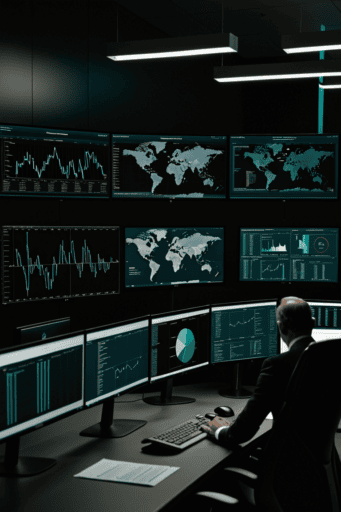 Dashboard fotorealista de un SOC con análisis de comportamiento y visualización de anomalías para brief ejecutivo de ciberseguridad