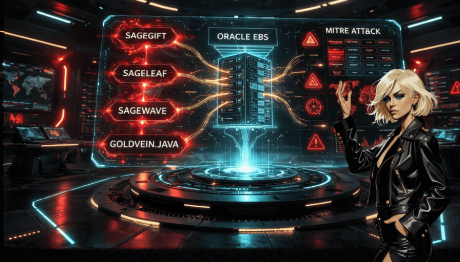 Eris Sentinel analiza el kill chain de GOLDVEIN en el War Room ZDU — implants fileless SAGEGIFT, SAGELEAF, SAGEWAVE y GOLDVEIN.JAVA conectados a Oracle EBS, con alertas MITRE ATT&CK activas