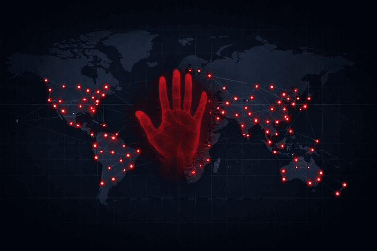 Mapa mundial de inteligencia de amenazas cibernéticas con 79 nodos rojos y una silueta de mano translúcida en el centro, sobre fondo navy oscuro.