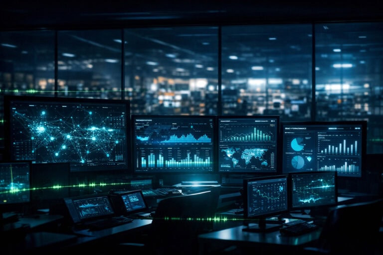 Centro de operaciones retail con monitoreo de red y dashboards de transacciones en tiempo real, enfoque en ciberseguridad y observabilidad.