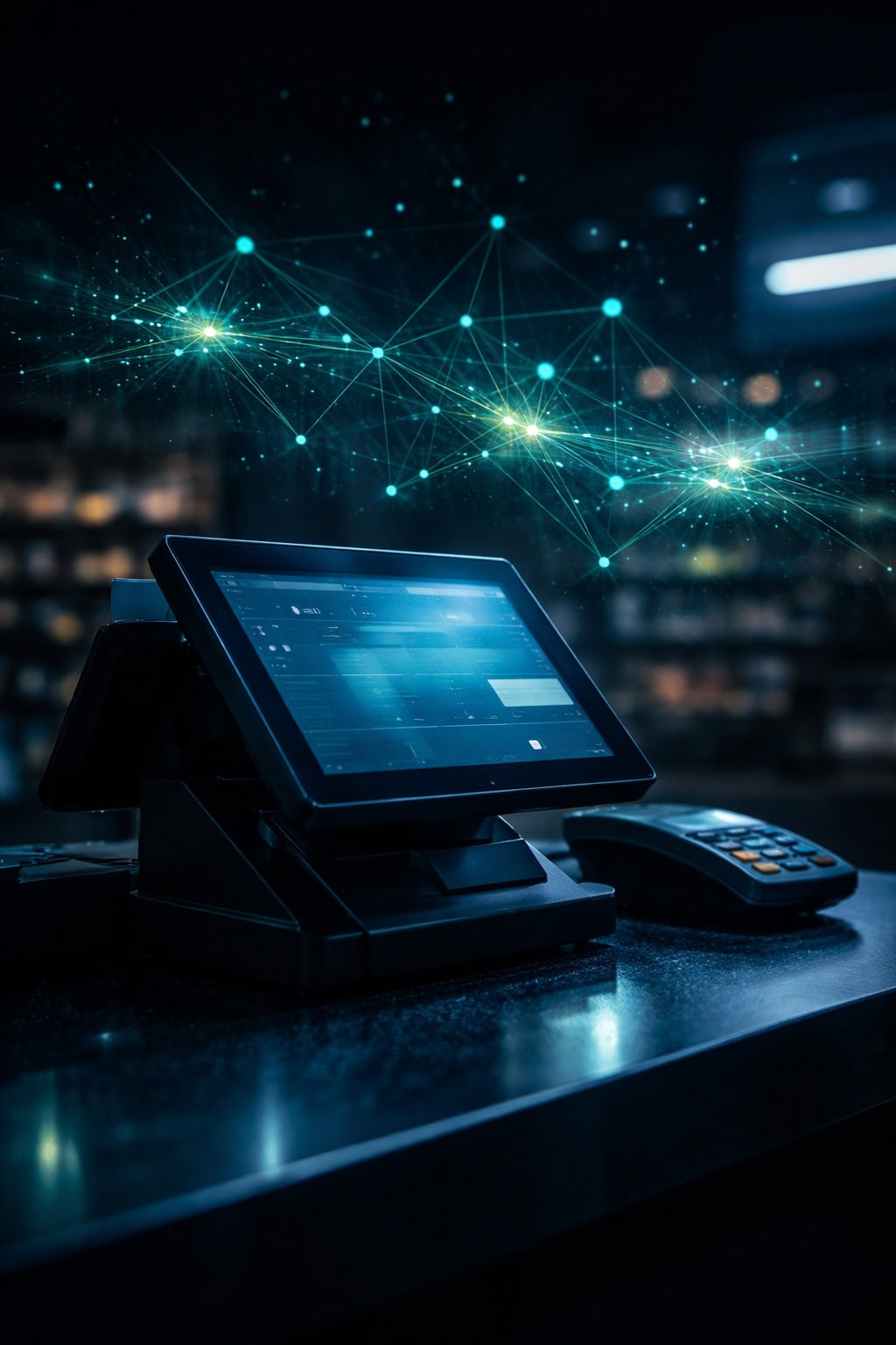 Terminal POS en tienda con brillo azul y mapa abstracto de amenazas en red, concepto de ciberseguridad para retail.