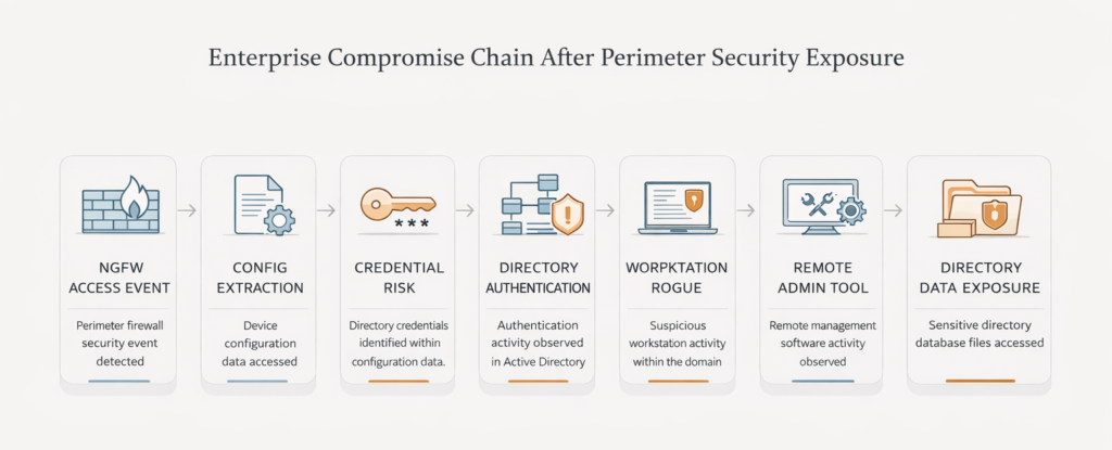 Diagrama de cadena de ataque: desde explotación de FortiGate hasta exfiltración de NTDS.dit y hive SYSTEM — campaña Q1 2026