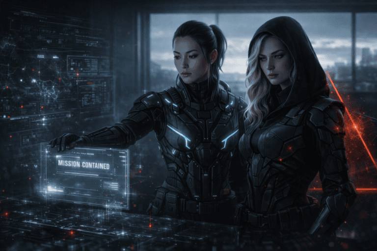 NeonMind y Eris Sentinel ante el tablero del ZDU al amanecer, tras contener el ataque del corredor de accesos — ZDU-003 El Corredor de Accesos, Zero Day Unit QMA México