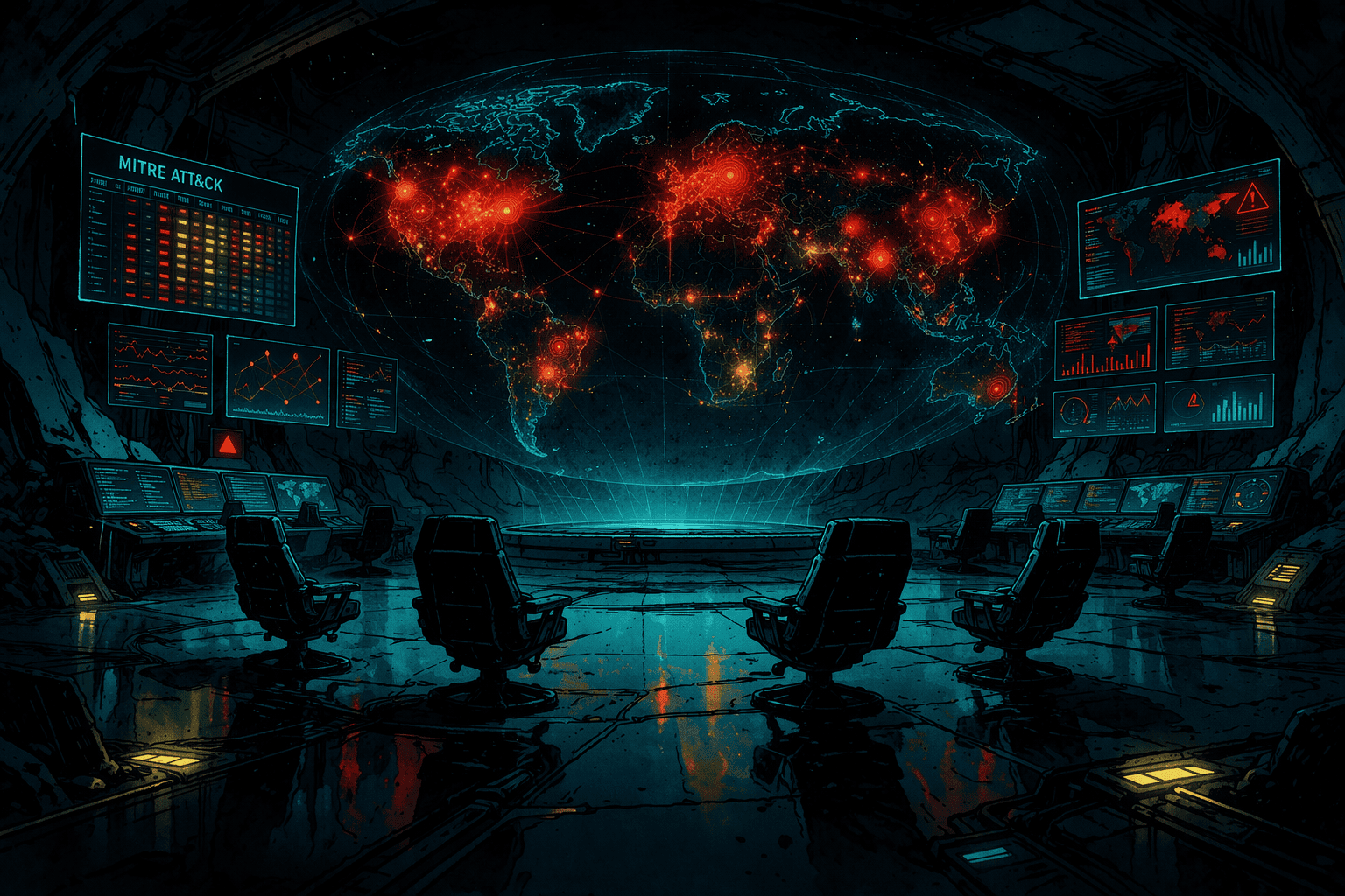 Panoramic cyber intelligence war room with holographic global threat map, red and amber attack nodes, floating security dashboards and empty command chairs in a dark futuristic environment