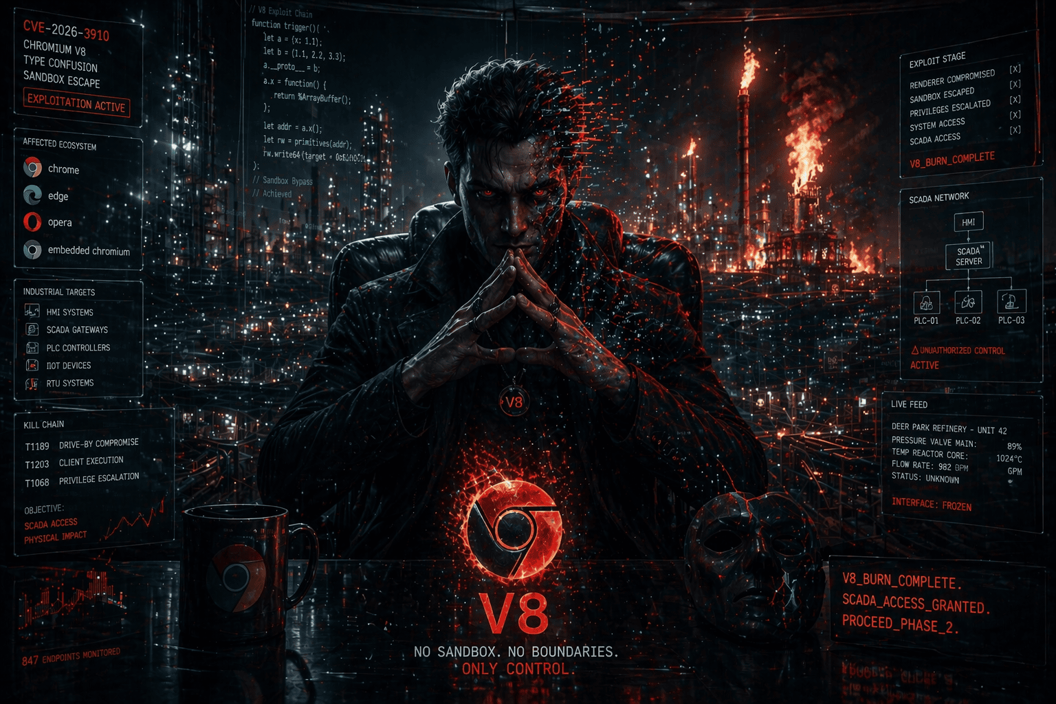 Villano humanoide representa la explotación de Chromium V8 contra sistemas industriales y entornos SCADA en una refinería comprometida