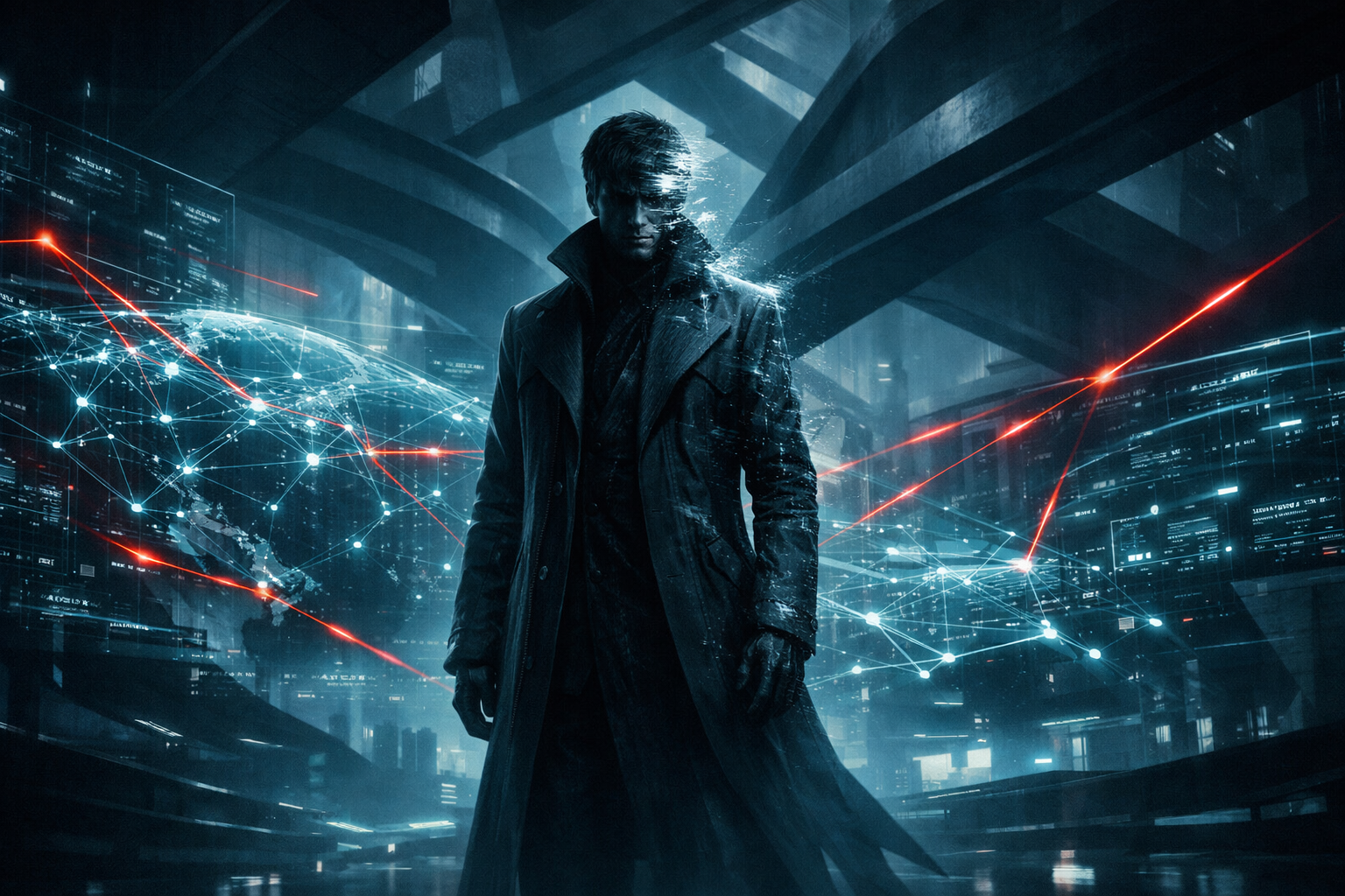 Villano espectral controlando una red SD-WAN global comprometida con rutas reescritas y conexiones rogue peer en un centro de mando futurista