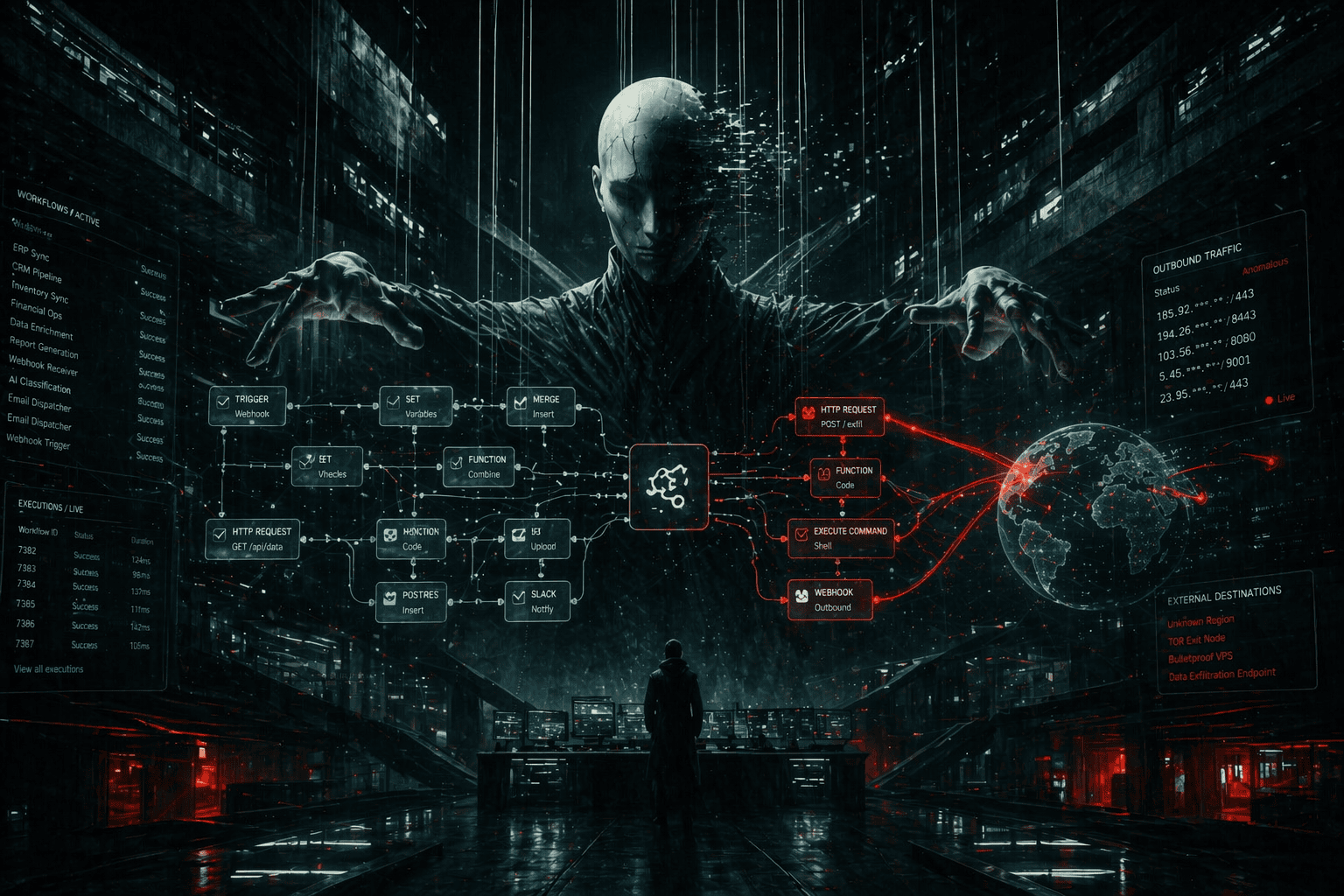 Villano cibernético espectral domina un centro de automatización comprometido mientras workflows y rutas maliciosas se propagan en n8n por CVE-2025-68613